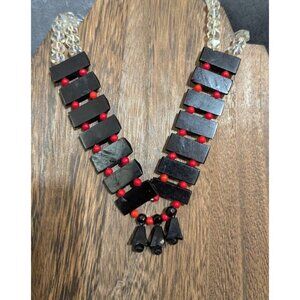 Vintage Black‎ & Red Beaded Necklace With Clear Crystals Retro Statement Jewelry